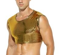 Top corto brillante para hombre, sexy de piel sintética, con cuello redondo, para fiestas clubes, sin mangas, metálico, ajustado, discotecas, clubes nocturnos, festivales de música y discotecas