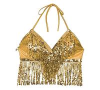 Top corto de danza del vientre, sujetador de top halter con cuentas de lentejuelas para mujer, sujetador de tubo sin espalda con flecos y borlas para danza del vientre, baile latino, club de fiesta