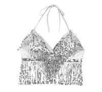 Top corto de danza del vientre, sujetador de top halter con cuentas de lentejuelas para mujer, sujetador de tubo sin espalda con flecos y borlas para danza del vientre, baile latino, club de fiesta