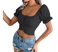 Top corto para mujer con cuello cuadrado y mangas abombadas, detalle fruncido, camisa Y2K de moda Reino Unido (negro M)
