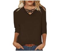 Top Damen Slim Fit Damen Langarmshirt V-Ausschnitt, Einfarbig Oberteile 3/4 Arm Bluse Einfarbige Tshirt Sommer Tops Basic Shirt Tunika V-Ausschnitt Pullover bequeme Longtops T-Shirt Oberteil, marrón