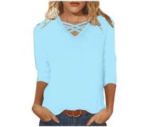 Top Damen Slim Fit Damen Langarmshirt V-Ausschnitt, Einfarbig Oberteile 3/4 Arm Bluse Einfarbige Tshirt Sommer Tops Basic Shirt Tunika V-Ausschnitt Pullover bequeme Longtops T-Shirt Oberteil, azul