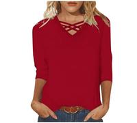Top Damen Slim Fit Damen Langarmshirt V-Ausschnitt, Einfarbig Oberteile 3/4 Arm Bluse Einfarbige Tshirt Sommer Tops Basic Shirt Tunika V-Ausschnitt Pullover bequeme Longtops T-Shirt Oberteil, rojo