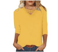 Top Damen Slim Fit Damen Langarmshirt V-Ausschnitt, Einfarbig Oberteile 3/4 Arm Bluse Einfarbige Tshirt Sommer Tops Basic Shirt Tunika V-Ausschnitt Pullover bequeme Longtops T-Shirt Oberteil, amarillo