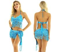 Top Danza del Vientre Disfraz 2 piezas de sujetador con borlas de lentejuelas brillantes for mujer, traje de danza del vientre, cuello halter y espalda con lazo, falda envolvente con bufanda en la cad