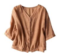 Top De Algodón Y Lino Mujer Cuello En V Color Liso Manga 3/4 - Moda Mujer Primavera Verano, Top Elegante Glamour Camiseta Botones Anchos Descanso Cómodos azafrán L
