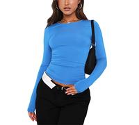 Top de Camiseta Corta de Manga Larga básica de Manga Larga para Mujer Y2K Tops TikTok Crop Top Club Party E-Girls Streetwear(Blue-a, L)