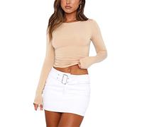 Top de Camiseta Corta de Manga Larga básica de Manga Larga para Mujer Y2K Tops TikTok Crop Top Club Party E-Girls Streetwear(Apricot-a, L)