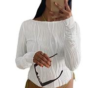 Top de Camiseta Corta de Manga Larga básica de Manga Larga para Mujer Y2K Tops TikTok Crop Top Club Party E-Girls Streetwear(White-1A,S)