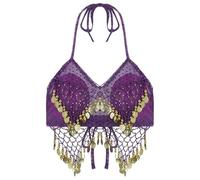 Top De Danza Del Vientre Trajes de danza del vientre con lentejuelas y cuentas for mujer, sujetador profesional, trajes de bailarina del vientre, puesta en escena, Tops de Carnaval Para Mujer(Purple)