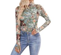 Top de encaje para mujer elegante y elegante blusa de encaje transparente cuello en V profundo manga larga top bodysuit sexy bodysuit clubwear noche moda regalos San Valentín mujeres, 4-Green, XL