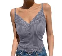 Top de encaje para mujer, sexy, camisola con ribete de encaje, camiseta sin mangas, tirantes delgados, camiseta con cuello de pico, chaleco de sujeción fuerte, sujetador interior, sujetador integrado