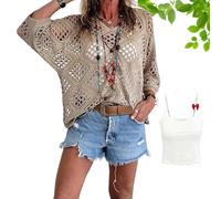 Top de Ganchillo Beige para Mujer Estilo Bohemio - Camisola de Punto Calado con Escote en V - Jersey de Verano Ligero y Suelto (B,S)