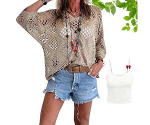 Top de Ganchillo Beige para Mujer Estilo Bohemio - Camisola de Punto Calado con Escote en V - Jersey de Verano Ligero y Suelto (B,S)