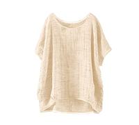 Top de Lino Suelto Casual sólido de Manga Corta de Verano para Mujer Camiseta Adolescente Chica (Khaki, XXL)
