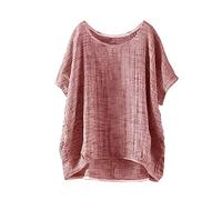 Top de Lino Suelto Casual sólido de Manga Corta de Verano para Mujer Camiseta Adolescente Chica (Red, M)