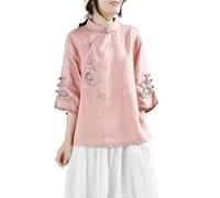 Top De Lino Y Algodón Retro De Estilo Chino Para Mujer Camisa Holgada De Talla Grande Blusa Hanfu Tradicional Con Bordado Exquisito (Color : Pink, Size : 3XL)