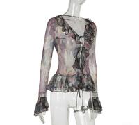 Top de malla con patrón de arte de moda para damas con diseño de borde de volantes y (M A)