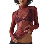 Top de Malla de Manga Larga con Capas para Mujer, Cuello simulado, Bordado Floral, Blusa Transparente Transparente (S)