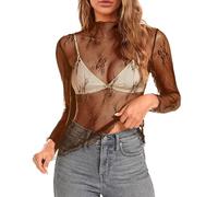 Top de Malla de Manga Larga con Capas para Mujer Cuello simulado Bordado Floral Blusa Transparente Transparente (Brown S)