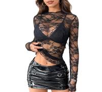 Top de malla para mujer con bordado floral, camiseta transparente para festival, parte superior con purpurina, Flor negra., L