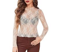 Top de Malla para Mujer Manga Encaje Blusa Transparente Y2K Tops con Purpurina Camisetas Transparentes para Salir de Fiesta o IR a la Discoteca