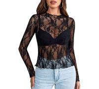 Top de Malla para Mujer Manga Encaje Blusa Transparente Y2K Tops con Purpurina Camisetas Transparentes para Salir de Fiesta o IR a la Discoteca