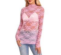 Top de Malla para Mujer Manga Encaje Blusa Transparente Y2K Tops con Purpurina Camisetas Transparentes para Salir de Fiesta o IR a la Discoteca