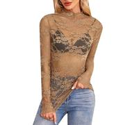 Top de Malla para Mujer Manga Encaje Blusa Transparente Y2K Tops con Purpurina Camisetas Transparentes para Salir de Fiesta o IR a la Discoteca