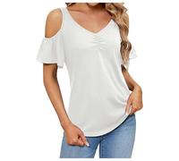 Top de manga corta para mujer con cuello en hombros descubiertos - Camiseta informal con cuello en V y mangas con volantes | Camiseta de verano femenina para el día a día, Style_n01 Blanco, M