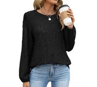 Top de manga larga de encaje sólido para mujer, ajuste holgado de verano (negro L)
