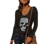 Top de Manga Larga para Mujer, Blusa con Estampado de Calavera de Halloween para Mujer, Jersey con Cuello en V Sexy, Talla XXL