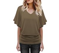 Top de moda más tamaño mujeres cuello en V dobladillo sólido manga suelta Batwing T camisa plisada más tamaño tops pulsera colgante plata, marrón, 3XL