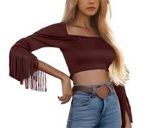 Top de mujer bodycon flecos estilo occidental retro para mujer top corto manga larga lisa country camiseta vaquera ajustada camisa festiva corte entallado diseño bohemio elegante carnaval, café, XL