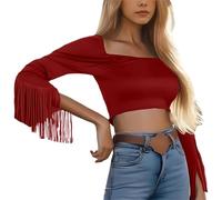 Top de mujer bodycon flecos estilo occidental retro para mujer top corto manga larga lisa country camiseta vaquera ajustada camisa festiva corte entallado diseño bohemio elegante carnaval, rojo, XL