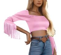 Top de mujer bodycon flecos estilo occidental retro para mujer top corto manga larga lisa country camiseta vaquera ajustada camisa festiva corte entallado diseño bohemio elegante carnaval, rosa, XL