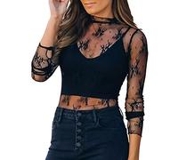 Top de mujer con encaje de pestañas, sexy, transparente, accesorios para patines, Negro , XXL