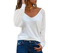 Top de mujer con escote transparente de manga larga con cuello en V camisetas casuales blusa de gran tamaño monocolor jersey camisa elegante túnica Tops (D-blanco/S)