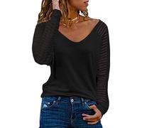 Top de mujer con escote transparente de manga larga con cuello en V camisetas casuales blusa de gran tamaño monocolor jersey elegante túnica parte superior (A-negro/XL), A-negro., XL