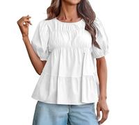 Top de Mujer con Volantes Peplum Babydoll Manga Abullada, Camiseta de Algodón Plisado Ahumado Verano Top Casual Suelto Flou, Lindo y Chic, blanco, S