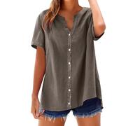Top de mujer de manga corta de algodón y lino - Camiseta mujer cuello en V Shirt con botones cierre frontal Summer Tops Color sólido versátil camisas clásicas de trabajo Blouse Casual Cómoda, Bronce