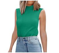 Top de mujer de verano sin mangas con cuello alto para colección 2026 Camiseta sin mangas de malla de corte ajustado descontratado, verde, L
