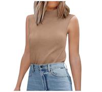 Top de mujer de verano sin mangas con cuello alto para colección 2026 Camiseta sin mangas de malla de corte ajustado descontratado, caqui, L