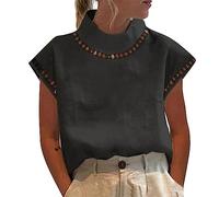 Top de mujer liso cuello alto algodón lino encaje transpirable casual mujer elegante sexy, Negro , L