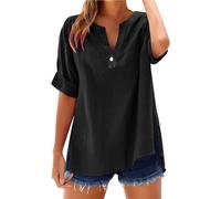 Top de mujer verano algodón y lino de gran tamaño, camiseta cuello en V para mujer camiseta cómoda camiseta de color puro camiseta suelta camiseta manga corta blusa con botón camiseta, Negro , L
