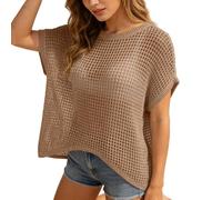 Top de Punto Calado de Ganchillo Informal para Mujer, Pareo de Playa de Cuello Redondo, Top de Punto de Ganchillo, Camisa Informal de Punto de Malla. Deslumbrante