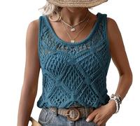 Top de tirantes de ganchillo para mujer - Chaleco suéter de punto bohemio, calado, sin mangas, pullover ligero, top cami para verano, casual, playa, cubre-bikini, vacaciones, capas, azul, L