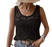 Top de tirantes de ganchillo para mujer - Chaleco suéter de punto bohemio, calado, sin mangas, pullover ligero, top cami para verano, casual, playa, cubre-bikini, vacaciones, capas, Negro, L