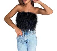 Top de tubo para mujer con plumas, sexy, cremallera, bandeau, sin mangas, camiseta de manga corta, elegante, corsé, parte superior festiva, boda, fiesta, club, bandeau tops, Negro , S