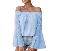 Top de Verano con Hombros Descubiertos para Mujer, Túnica Informal con Cordones de Gasa con Lunares, Túnica con Volantes, Manga de Campana, Camisa de Lunares Suizos, Blusa,(L-Azul Claro)